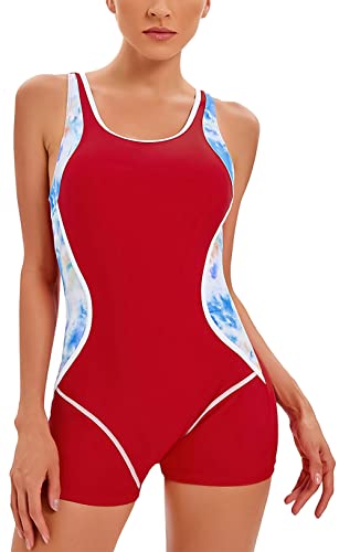 SEAUR Damen Bademode Set Einteilige Badebekleidung mit Reißverschluss Kurzarm Boyleg Badeanzug für Wasserpark Surfen Heiße Quellen Rot 1 M von SEAUR