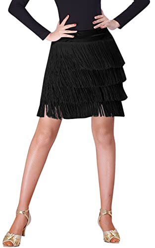 SEAUR Damen Ballsaal Latin Dance Fransen Rock Hohe Taille Tango Rumba Salsa Quaste Tanz Mini Rock mit integrierten Shorts, Schwarz , 40 von SEAUR