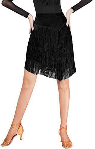 SEAUR Damen Ballsaal Latin Dance Fransen Rock Hohe Taille Tango Rumba Salsa Quaste Tanz Mini Rock mit integrierten Shorts, Schwarz 01, 36 von SEAUR