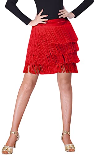 SEAUR Damen Ballsaal Latin Dance Fransen Rock Hohe Taille Tango Rumba Salsa Quaste Tanz Mini Rock mit integrierten Shorts, rot, 40 von SEAUR