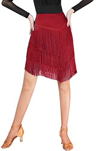 SEAUR Damen Ballsaal Latin Dance Fransen Rock Hohe Taille Tango Rumba Salsa Quaste Tanz Mini Rock mit integrierten Shorts, weinrot, 36 von SEAUR