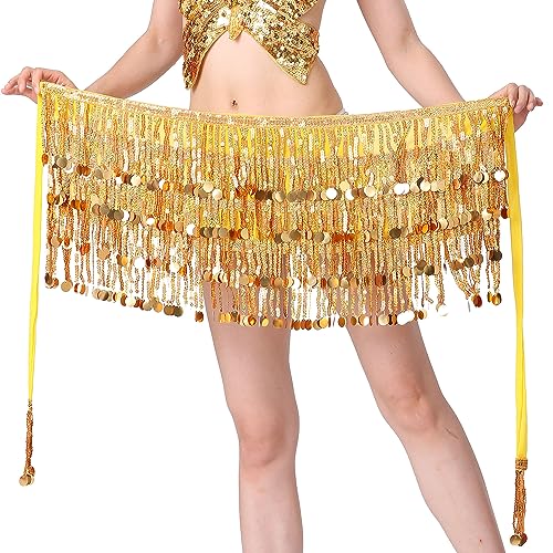 SEAUR Damen Bauchtanz Hüfttuch Pailletten Fransen Wickelgürtel Latein Tanz Glitzer Taille Gürtel Rock Rumba Chacha Quaste Tanzrock von SEAUR