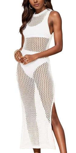 SEAUR Damen Bikini Cover Up Strandkleid Gehäkelt Ärmelloses Strandponcho Cut Out Sommer Badeanzug Cover Ups Lang Strand Netz Kleid Strandtunika von SEAUR