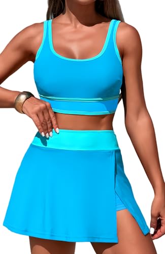 SEAUR Damen Bikini Set Sport Zweiteiliger Badeanzug Tank Bikini Top und Schwimmrock mit Shorts für Strand Volleyball Handball Fußball Segel Kajakfahren Schwimmen - L von SEAUR