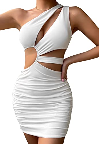 SEAUR Damen Bodycon Kleid Kurz Eng Sexy Minikleid Weiß Kleider EIN Schulter Sommerkleider Partykleid Abendkleid - S von SEAUR