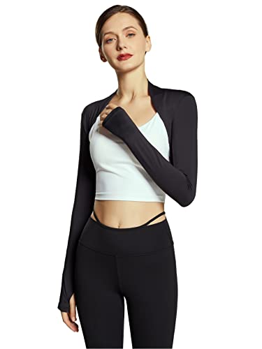 SEAUR Damen Boleros Langen Ärmeln Kurzärmlige Strickjacke mit Daumenlöchern Elastischer Bolero Achselzucken für Yoga Tanz Fitness Schwarz L von SEAUR