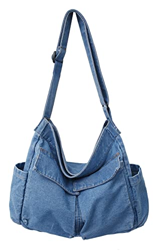 SEAUR Damen Canvas Schultertasche Blau Stoff Umhängetasche mit Verstellbarem Schultergurt Große Kapazität Jeans Beuteltasche Hellblau von SEAUR