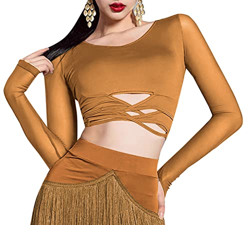 SEAUR Damen Crop Top Langarm Mesh Dünn Wickelshirt Bauchfrei Cut Out Oberteil Latein Tanz Langarmshirt - 3XL von SEAUR