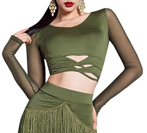 SEAUR Damen Crop Top Langarm Mesh Dünn Wickelshirt Bauchfrei Cut Out Oberteil Latein Tanz Langarmshirt - L von SEAUR