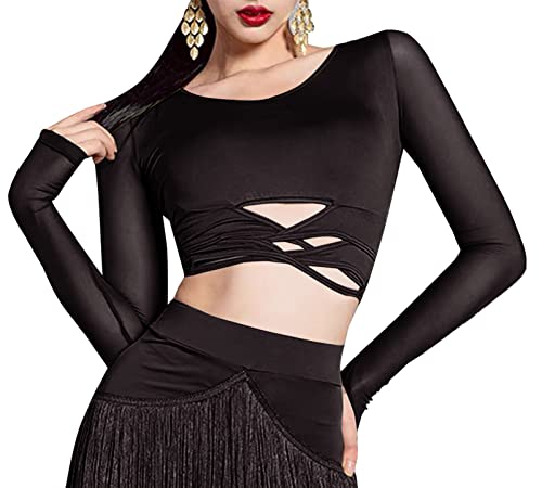 SEAUR Damen Crop Top Langarm Mesh Dünn Wickelshirt Bauchfrei Cut Out Oberteil Latein Tanz Langarmshirt - L von SEAUR