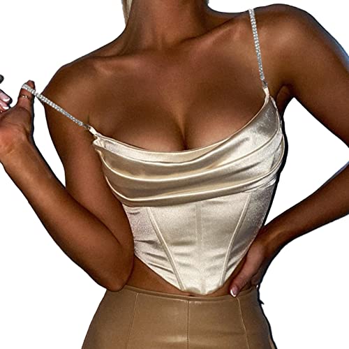 SEAUR Damen Crop Top Sexy Eng Spagettitops V Ausschnitt Corset Top Vintage Schwarz Satin Cami Top Sommer Kurz Spaghettiträger Top M von SEAUR