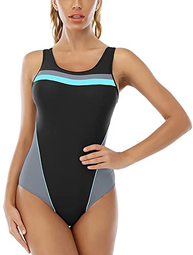 SEAUR Damen Einteiler Badeanzug mit Brustpolstern Athletic Active Racerback Bademode Modest Sport Badeanzug Badeanzug Badeanzug, schwarz 2, 52 von SEAUR