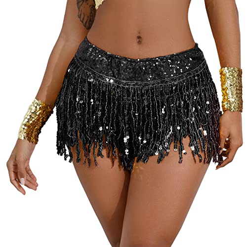 SEAUR Damen Fransenrock Glitzer Pailletten Tanzrock mit Shorts Latein Bauchtanz Fransen Rock Hüfttuch Tango Rumba Cha Cha Samba Ballsaal Tanzkleid - M von SEAUR