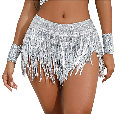 SEAUR Damen Fransenrock Glitzer Pailletten Tanzrock mit Shorts Latein Bauchtanz Fransen Rock Hüfttuch Tango Rumba Cha Cha Samba Ballsaal Tanzkleid - XL von SEAUR