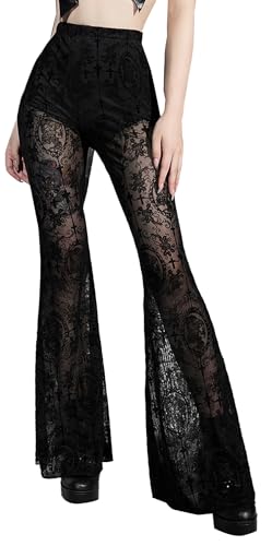 SEAUR Damen Gothic Hose Schwarz Vintage Blumen Samthose Spitze Punk Schlaghose Y2K Grunge Freizeithose Party Club Wear - S von SEAUR