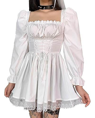 SEAUR Damen Gothic Kleid Steam Punk Schwarz Kleider Y2K Kleid Cocktail Swing Partykleid Halloween Kleid Mittelalter Kostüm, weiß 01, L von SEAUR