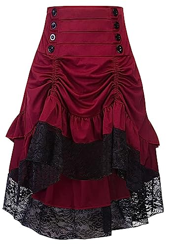 SEAUR Damen Gothic Steampunk Rock Rüschen High-Low Saum Mittelalter Maxirock Hohe Taille A-Linien Spitze Rock Lang - M von SEAUR