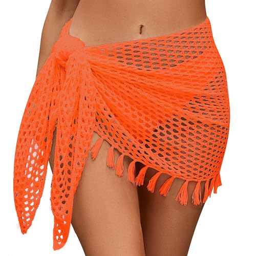 SEAUR Damen Häkelrock Strand Mini Strandrock Quaste Wickelrock Kurz Sarong Pareo Gehäkelt Bikini Wrap Fischnetz Cover Up - L von SEAUR