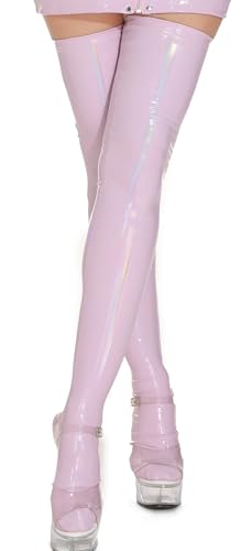 SEAUR Damen Halterlose Overknee Strümpfe Wetlook Stocking Kniestrümpfe Kniestrümpfe Overknees Lang Öl Glänzend Nachtwäsche Party Clubwear Hellviolett M von SEAUR