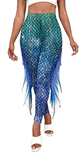 Damen Hohe Taile Print Lange Hose Fisch Schuppen Strumpfhose Meerjungfrau Karneval Kostüm S von SEAUR