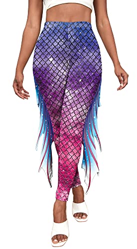 Damen Hohe Taile Print Lange Hose Fisch Schuppen Strumpfhose Meerjungfrau Karneval Kostüm S von SEAUR