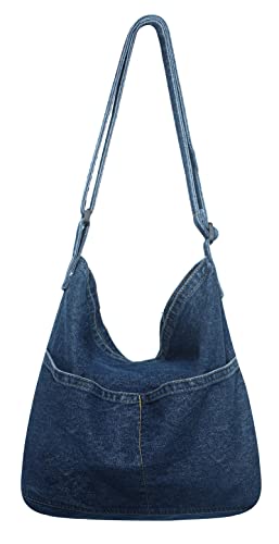 SEAUR Damen Jeansstoff Umhängetasche Blau Canvas Schultertasche Große Kapazität Shopper Tasche mit Verstellbarem Schultergurt Dunkelblau von SEAUR