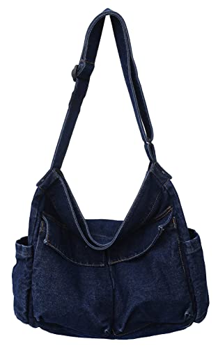 SEAUR Damen Jeansstoff Umhängetasche Blau Canvas Schultertasche Große Kapazität Shopper Tasche mit Verstellbarem Schultergurt Dunkelblau von SEAUR