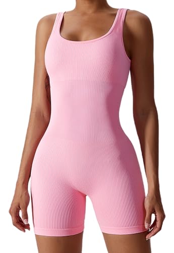 SEAUR Damen Jumpsuit Kurz Eng Sport Yoga Bodysuit Ärmellos Stretch Bodycon Romper Gym Einteiler Overall - M von SEAUR