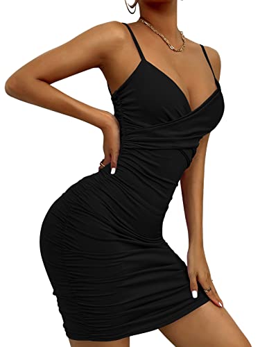 SEAUR Damen Kleider Sommer Sexy V-Ausschnitt Minikleid Eng Kurz Schwarz Bodycon Kleid Spaghetti Kleid Cami Kleider Partykleid Abendkleid XS-L - L von SEAUR