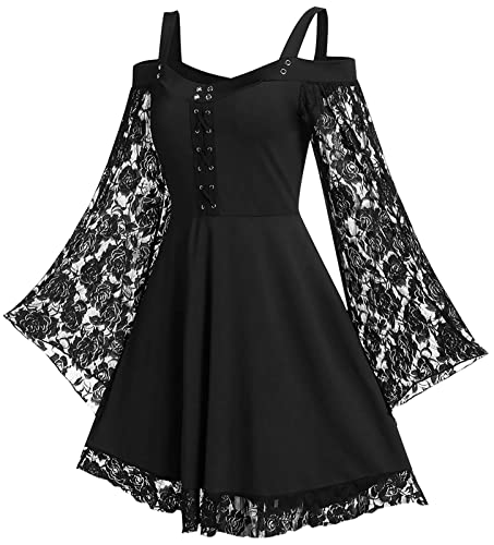 SEAUR Damen Kostüm Elegant Gothic Kleider für Frauen Vintage Cocktail Lace-Up Trompetenärmel Cosplay Kleid Retro Mittelalter Party Partykleid Damenkostüm von SEAUR