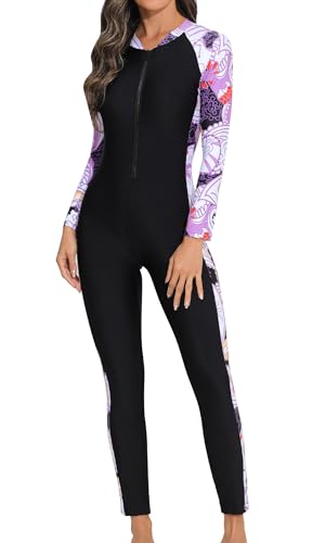 SEAUR Damen Lange Ärmel Badeanzug Rash Guard Bademode mit Front Reißverschluss Sportlich Schwimmanzug mit Gepolsterter UV-Schutz Bademode A4 XL von SEAUR