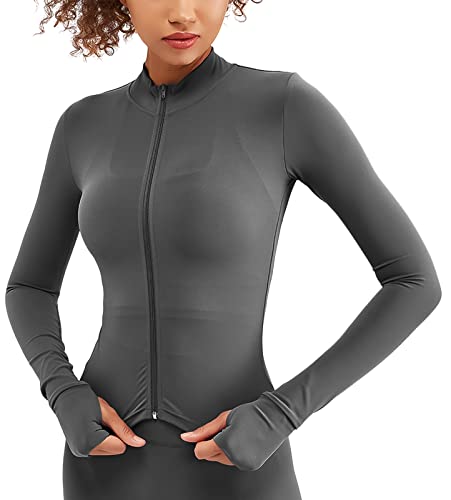 SEAUR Damen Laufjacke Slim Fit Dünn Sportjacke Grau Sommer Atmungsaktiv Trainingsjacke Schnelltrocknend Sweatjacke Fitness Yoga Jacke - S von SEAUR