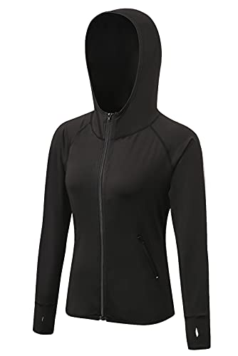 SEAUR Damen Laufjacke mit Kapuze Dünn Sportjacke Sommer Atmungsaktiv Sweatjacke Daumenlöcher Trainingsjacke Fitness Yoga Jacke Schwarz - S von SEAUR