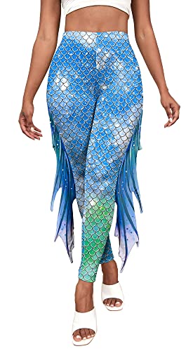 SEAUR Damen Hohe Taile Print Lange Hose Fisch Schuppen Strumpfhose Meerjungfrau Karneval Kostüm XL von SEAUR