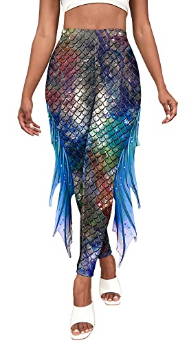 SEAUR Damen Meerjungfrau Leggings Glänzend Hohe Taile Print Hosen Faschingskostüm Karneval Kostüm von SEAUR