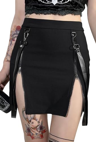 SEAUR Damen Minirock Gothic Punk Plissee Rock Kurz Schwarz Cosplay Party Club Wear High Waist A Linie Spitze Steampunk Skirt - M von SEAUR