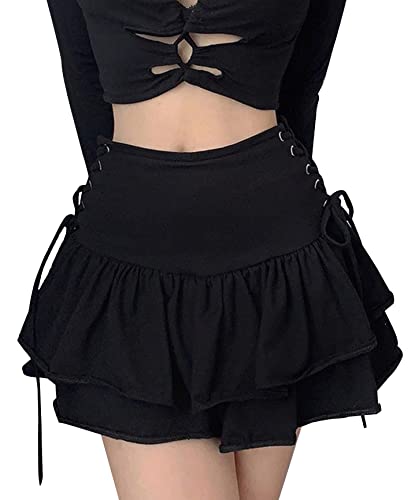 SEAUR Damen Minirock Gothic Punk Plissee Rock Kurz Schwarz Cosplay Party Club Wear High Waist A Linie Spitze Steampunk Skirt - XXL von SEAUR