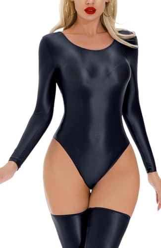 SEAUR Damen Nylon Body Overall Glänzend Transparente Nylon Bodysuit Jumpsuit mit Strümpfen für Party Clubwear Schwarz von SEAUR