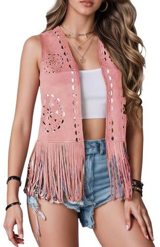 SEAUR Damen Quaste Ärmellose Weste Hippie Kostüme Cardigan Hippie Gilet Offene Vorderseite Quaste Jacke für Böhmische Partys Rosa XL von SEAUR