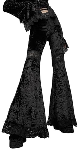 SEAUR Damen Samthose Vintage Spitze Hose Schwarz Blumen Schlaghose Gothic Punk Y2K Freizeithose Grunge Party Club Wear - L von SEAUR