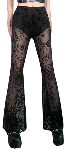 SEAUR Damen Samthose Vintage Spitze Hose Schwarz Blumen Schlaghose Gothic Punk Y2K Freizeithose Grunge Party Club Wear - L von SEAUR