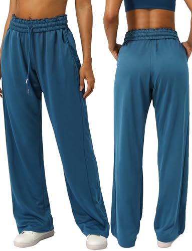 SEAUR Damen Schlaghose Yogahose Lang offenem Boden Straight Bein Loose Beach Pants Sporthose mit Versteckten Taschen für Faulenzen Schlafen Ozeanblau M von SEAUR