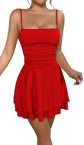 SEAUR Damen Sommer Bodycon Kleider Kurz Eng Minikleid Spaghettiträger Abendkleider Stretch Partykleid Strandkleid Freizeitkleid Clubwear Rot L von SEAUR