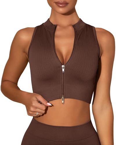 SEAUR Damen Sport Crop Top Ärmellos Reißverschluss Tank Top Eng Kurz Oberteil Nahtlos Gerippt für Gym Fitness Workout S von SEAUR