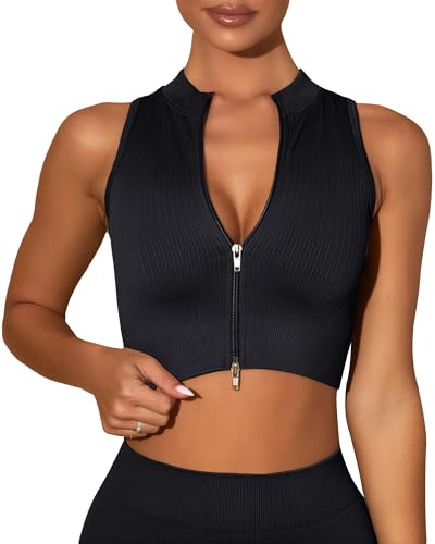 SEAUR Damen Sport Crop Top Ärmellos Reißverschluss Tank Top Eng Kurz Oberteil Nahtlos Gerippt für Gym Fitness Workout S von SEAUR