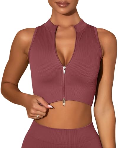SEAUR Damen Sport Crop Top Ärmellos Reißverschluss Tank Top Eng Kurz Oberteil Nahtlos Gerippt für Gym Fitness Workout S von SEAUR