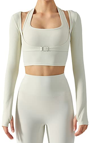 SEAUR Damen Sport Oberteil Langarm Crop Top Yoga Fitness 2 in 1 Laufshirt Longsleeve T-Shirt Eng Kurz Gym Top Neckholder Sportshirt - S von SEAUR