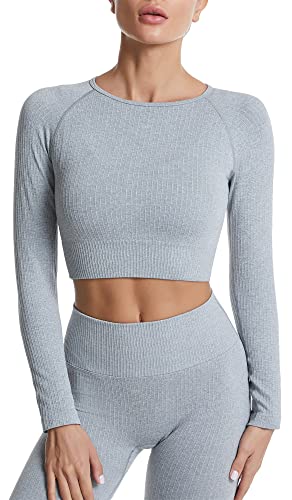 SEAUR Damen Sport Oberteil Langarm Crop Top Yoga Fitness Laufshirt Longsleeve T-Shirt Eng Kurz Gym Top Sportshirt - S von SEAUR