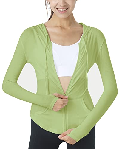 SEAUR Damen Sportjacke Dünn Leicht Grün Laufjacke mit Kapuze Joggen Yoga Jacke Reißverschluss Daumenlöcher Sweatjacke Atmungsaktiv Trainingsjacke - XL von SEAUR