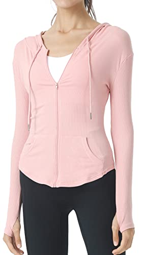 SEAUR Damen Sportjacke Dünn Leicht Laufjacke mit Kapuze Joggen Yoga Jacke Rosa Daumenlöcher Sweatjacke Voll Zip Trainingsjacke - M von SEAUR
